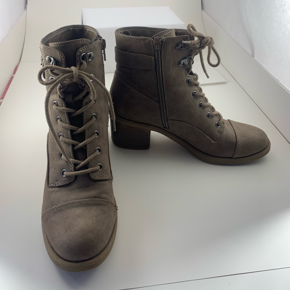 Lace-up buckle booties with a heel